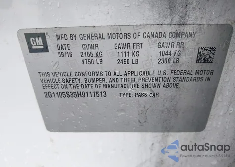 2017 Chevrolet Impala 1Lt из США, поврежденный, VIN 2G1105S35H9117513